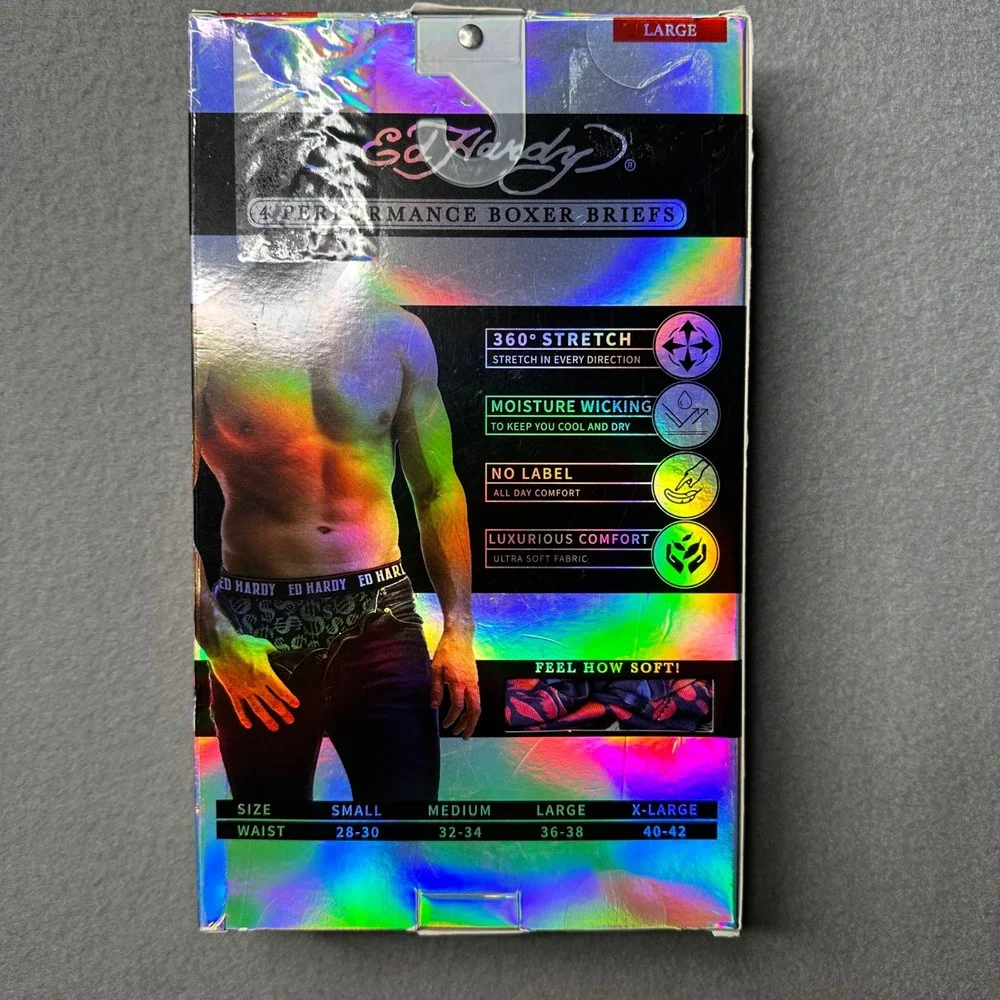 Ed Hardy Boxer Briefs Mens Large Multicolor 4 Pack Performance Stretch Skulls